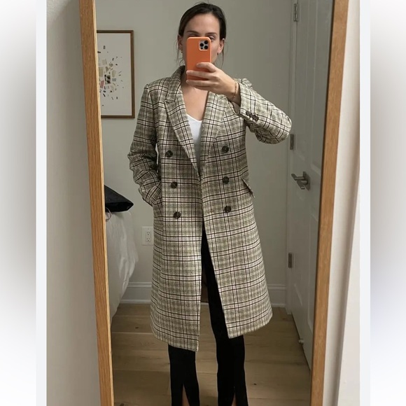 J. Crew Plaid Long Peacoat Double Breasted Italian Wool Ivory Pink Size 4 - Picture 8 of 14